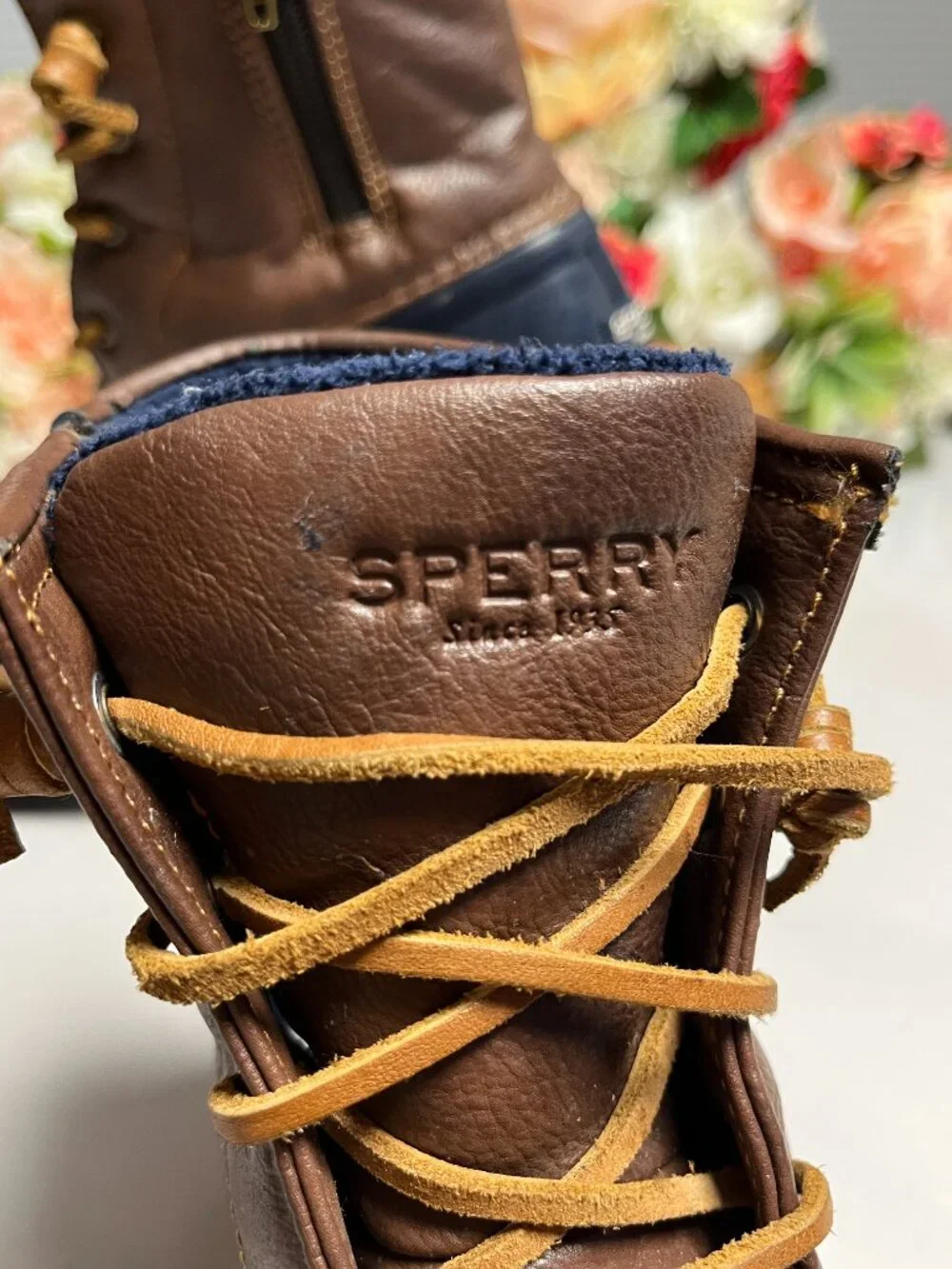 Sperry Saltwater Girls Duck Boots Navy Brown Size 4M